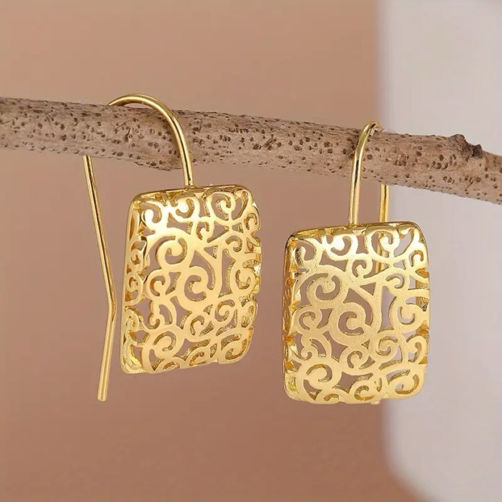 14k Gold Plated Celtic Filigree Rectangle Drop Earrings - Picture 5 of 12